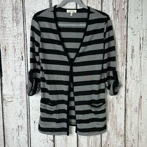 Monteau Lightweight Cardigan Sweater Small Black White Striped Roll Tab Sleeves